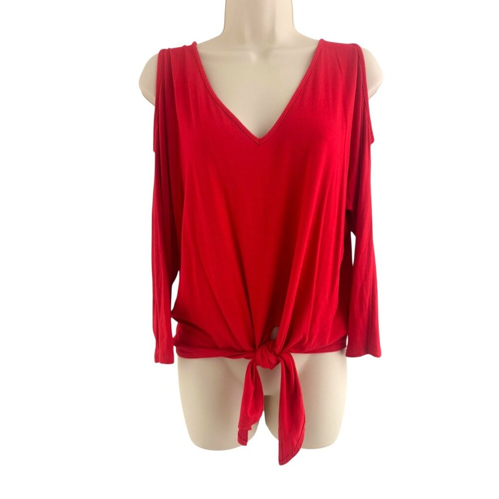 Boston Proper Red Dolman Cold Shoulder Soft Knit Waist Tie Top Size XS V-Neck - Picture 1 of 9